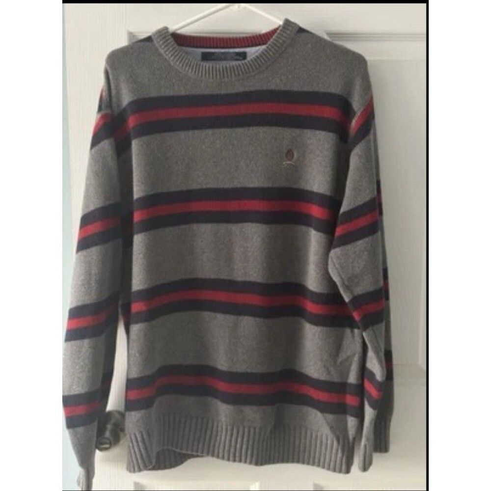 Vtg 90s Tommy Hilfiger Sweater L Gray Cotton Striped Preppy Grunge Dadcore Logo